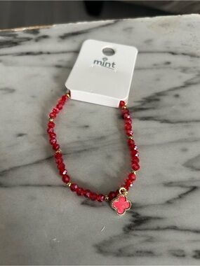 Mint Boutique Red Faceted Bead & Enamel Clover Charm Bracelet Gold Tone, New